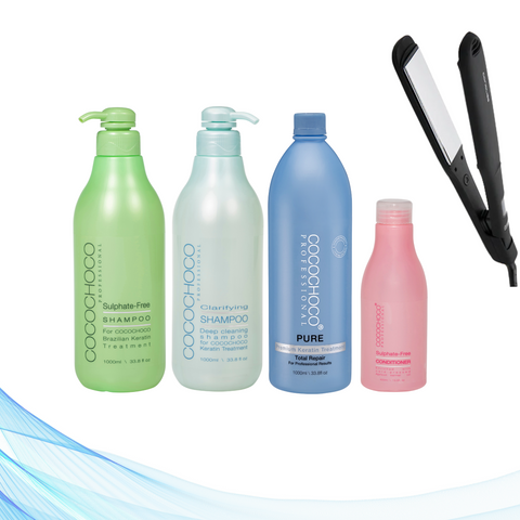 Corioliss Wide Black Hair Straightener, Cocochoco Clarifying Shampoo 1000 ml, Cocochoco Pure 1000 ml, Sulphate-Free Shampoo 1000 ml & Sulphate-Free Conditioner 400 ml